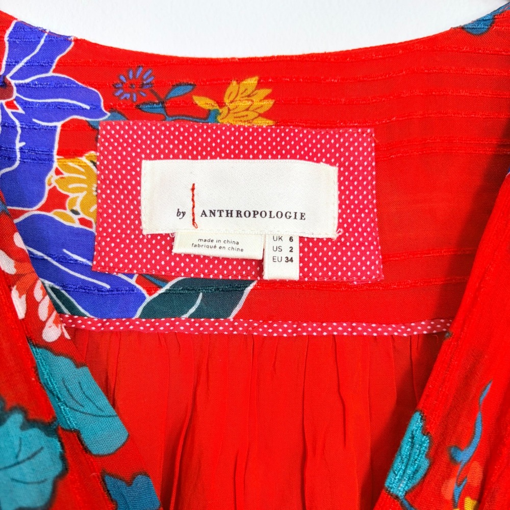 Anthropologie Floral Wrap Midi Dress Long Sleeve Red Blue Yellow Women's Size 2 - Picture 3 of 9